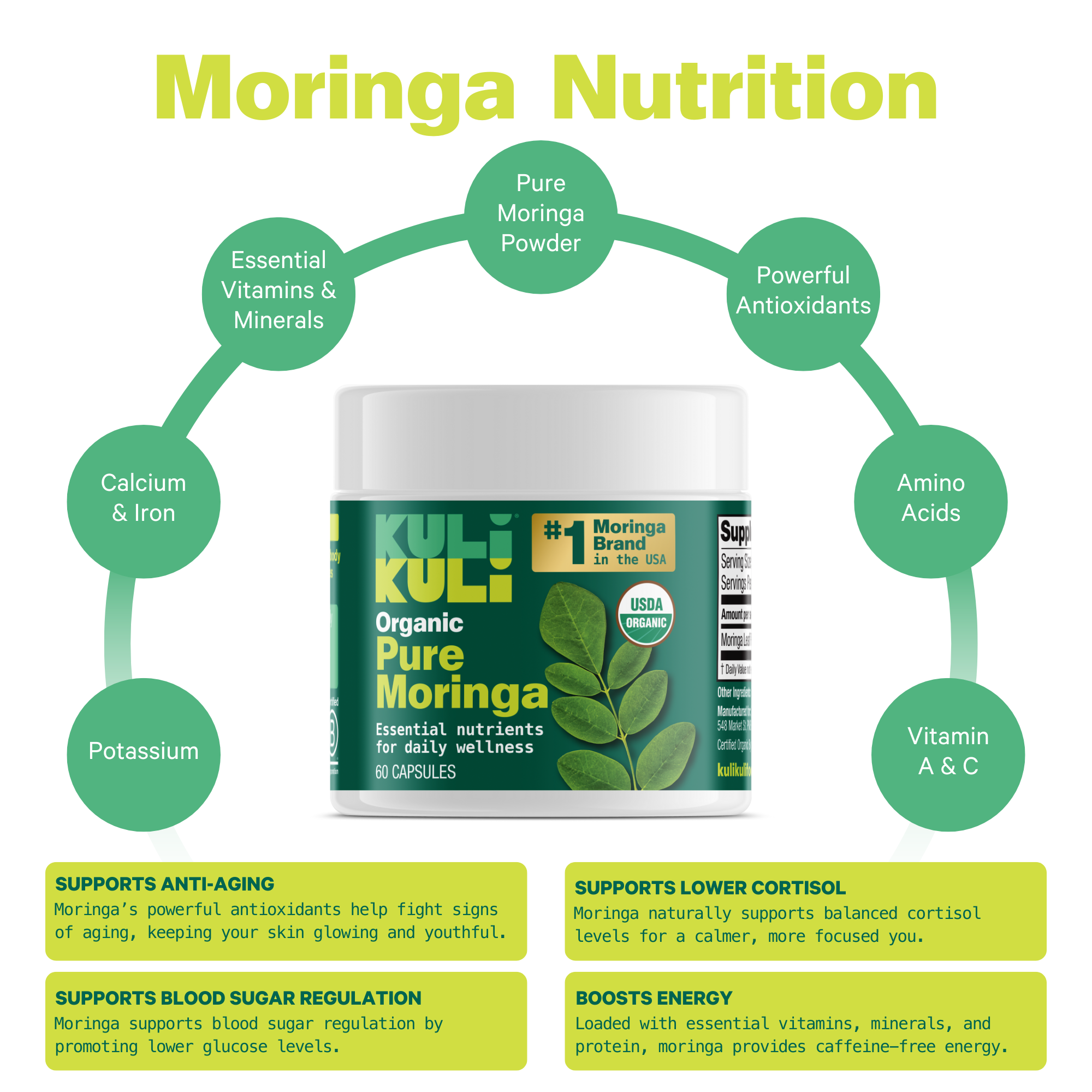 Organic Pure Moringa Powder Capsules (60-Count)