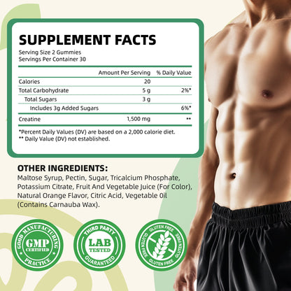 I Love Health Creatine Monohydrate Gummies - 1500mg per Serving, 60 Gummies for Men & Women, Natural Orange Flavor, Supports Muscle Growth, Strength, and Recovery, Vegan, Non-GMO, Gluten-Free, Made in cGMP Facility