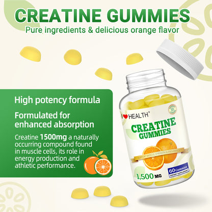 I Love Health Creatine Monohydrate Gummies - 1500mg per Serving, 60 Gummies for Men & Women, Natural Orange Flavor, Supports Muscle Growth, Strength, and Recovery, Vegan, Non-GMO, Gluten-Free, Made in cGMP Facility