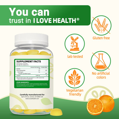 I Love Health Creatine Monohydrate Gummies - 1500mg per Serving, 60 Gummies for Men & Women, Natural Orange Flavor, Supports Muscle Growth, Strength, and Recovery, Vegan, Non-GMO, Gluten-Free, Made in cGMP Facility