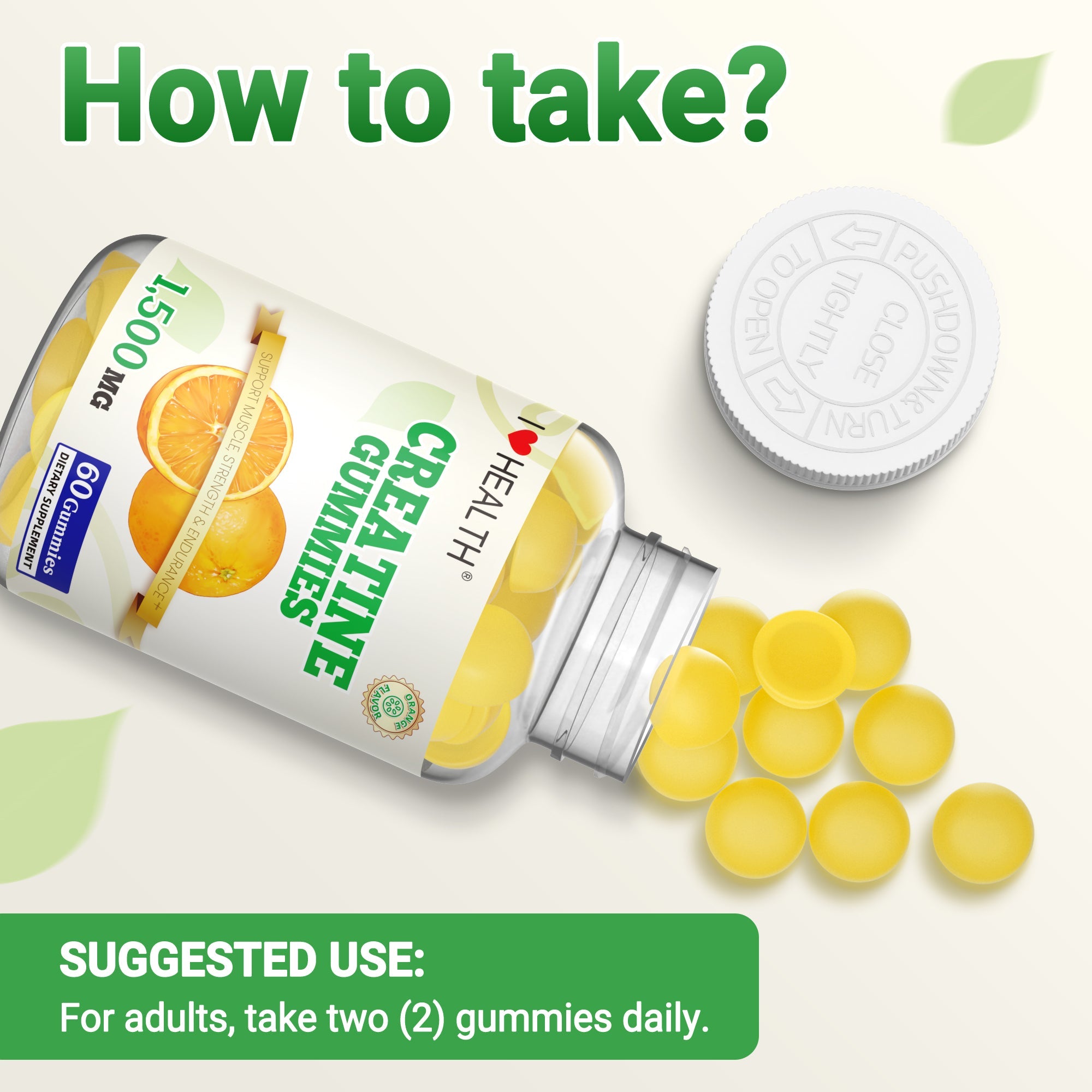 I Love Health Creatine Monohydrate Gummies - 1500mg per Serving, 60 Gummies for Men & Women, Natural Orange Flavor, Supports Muscle Growth, Strength, and Recovery, Vegan, Non-GMO, Gluten-Free, Made in cGMP Facility