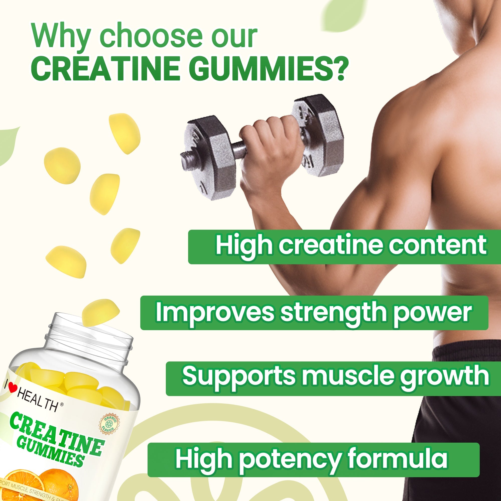 I Love Health Creatine Monohydrate Gummies - 1500mg per Serving, 60 Gummies for Men & Women, Natural Orange Flavor, Supports Muscle Growth, Strength, and Recovery, Vegan, Non-GMO, Gluten-Free, Made in cGMP Facility