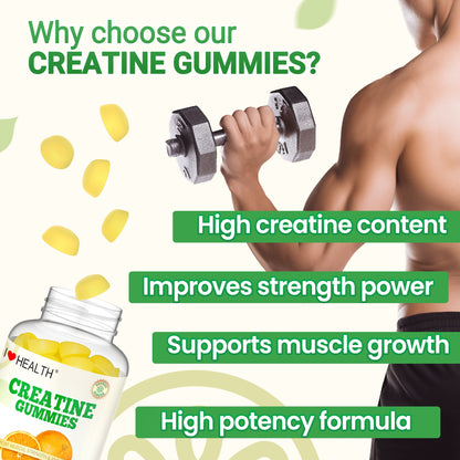 I Love Health Creatine Monohydrate Gummies - 1500mg per Serving, 60 Gummies for Men & Women, Natural Orange Flavor, Supports Muscle Growth, Strength, and Recovery, Vegan, Non-GMO, Gluten-Free, Made in cGMP Facility