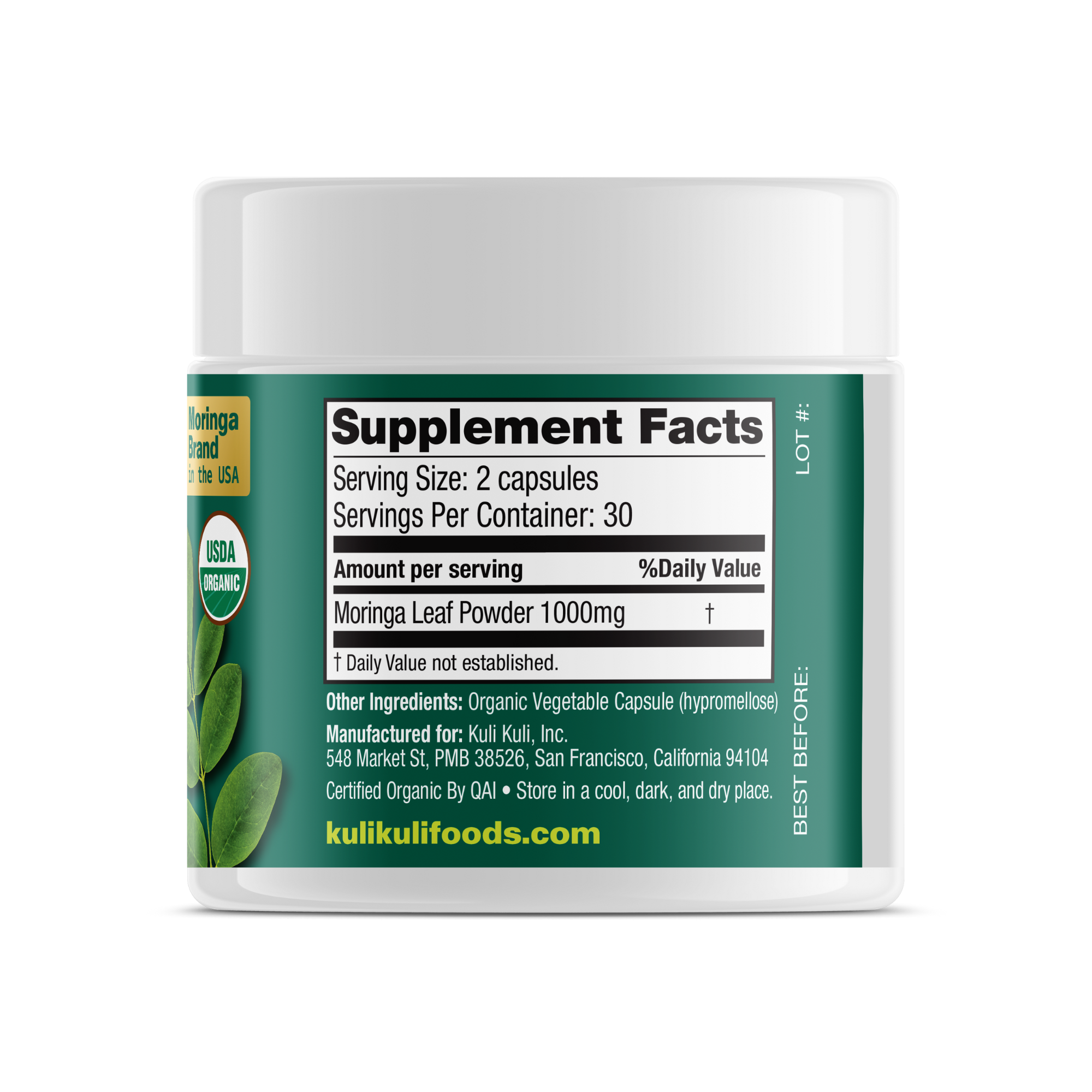 Organic Pure Moringa Powder Capsules (60-Count)