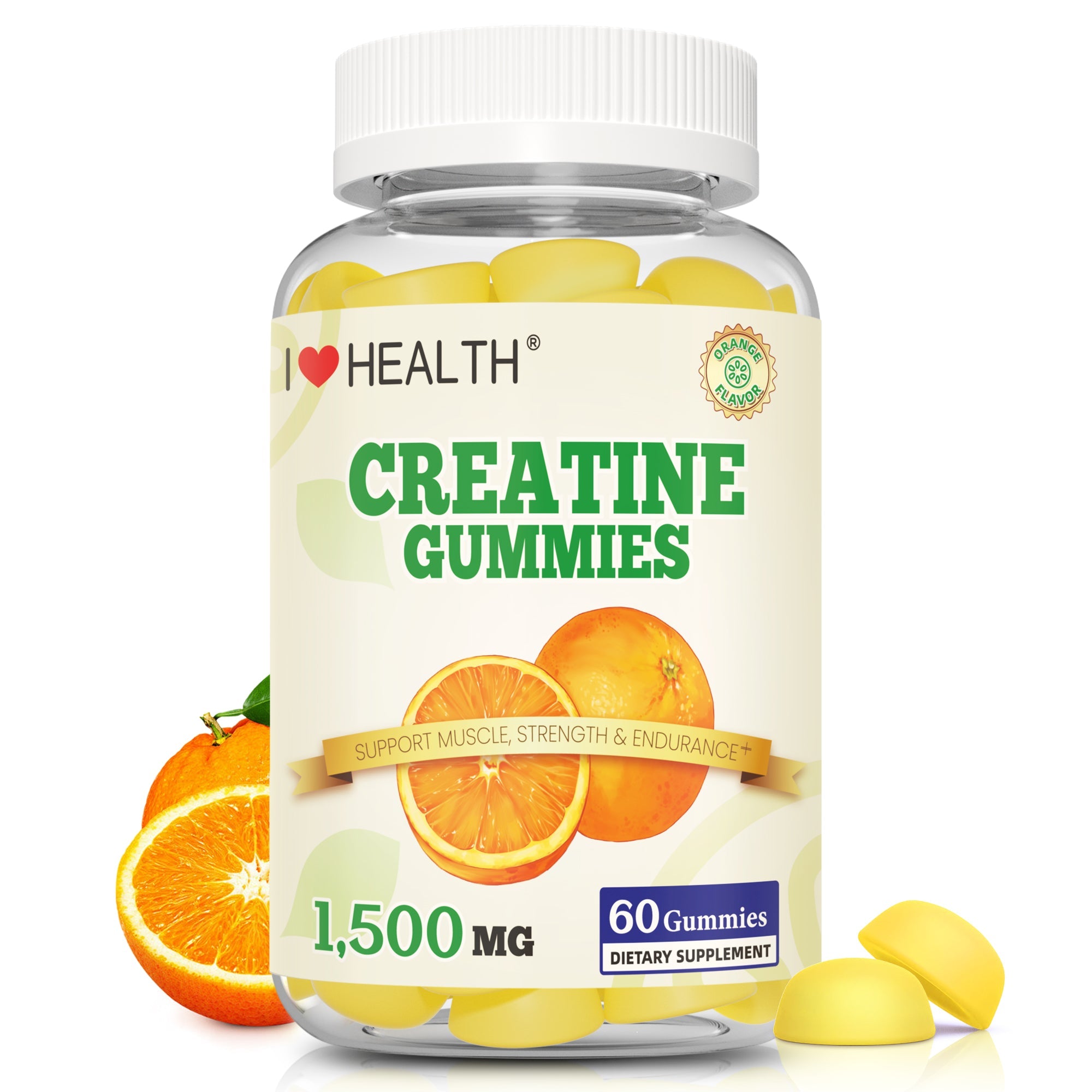 I Love Health Creatine Monohydrate Gummies - 1500mg per Serving, 60 Gummies for Men & Women, Natural Orange Flavor, Supports Muscle Growth, Strength, and Recovery, Vegan, Non-GMO, Gluten-Free, Made in cGMP Facility